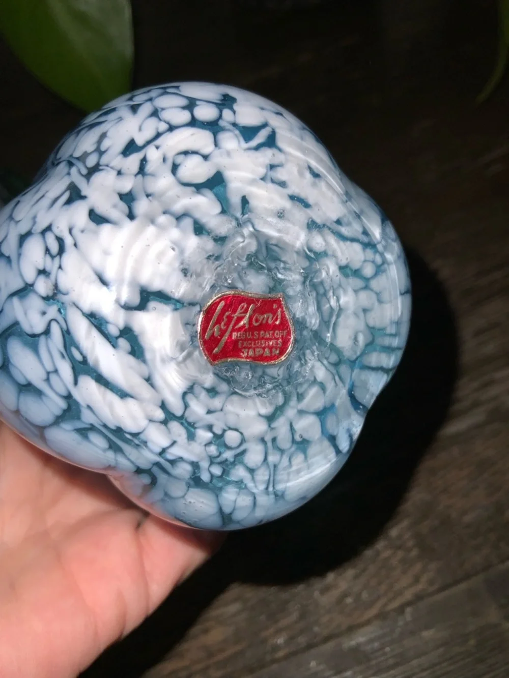Lefton Blue and White Ruffled Art Glass Vase 7”